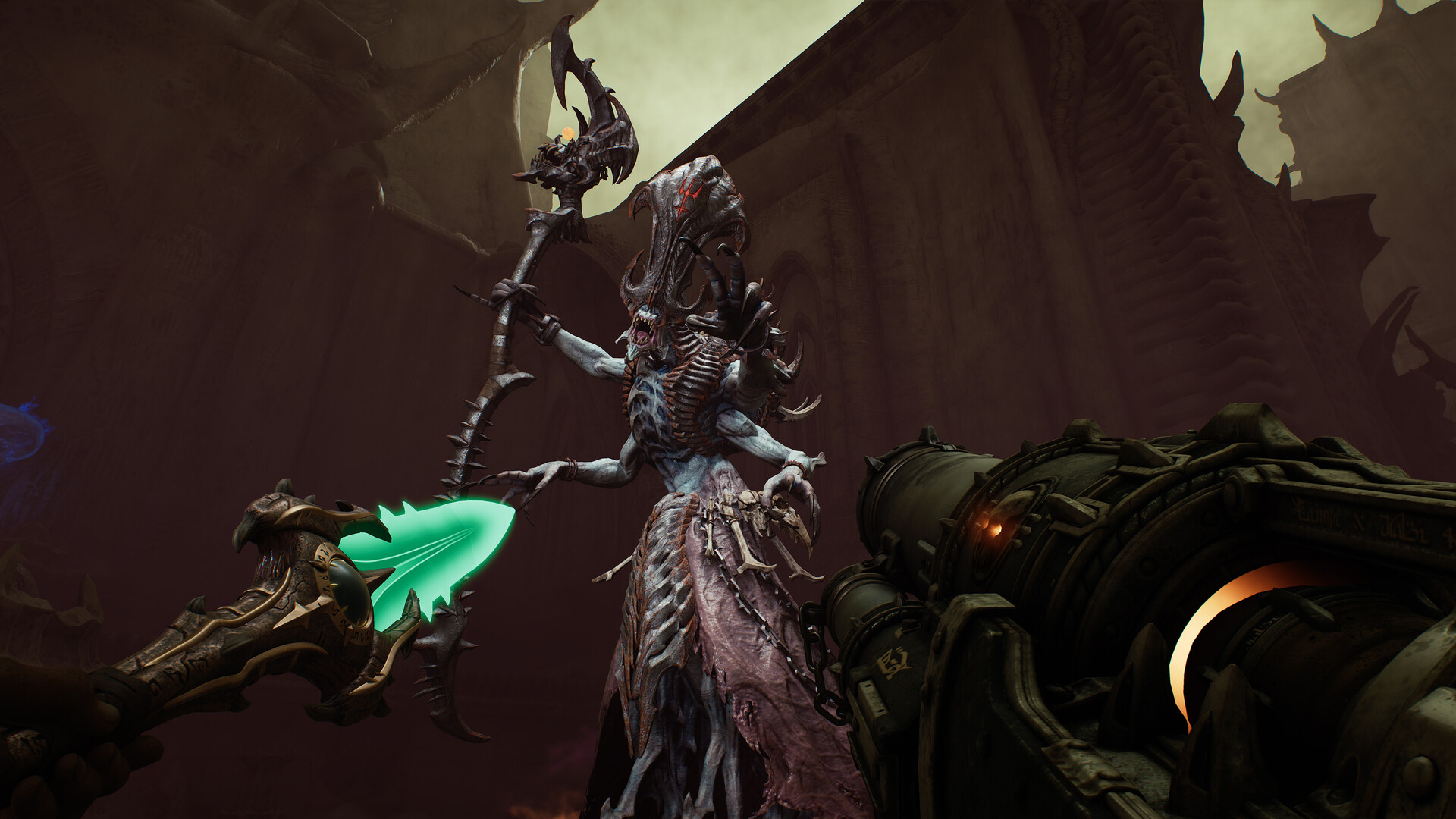 『DOOM: The Dark Ages | Revelations』公式スクリーンショット チェイン・スピアで巨大デーモンに接近する戦闘場面