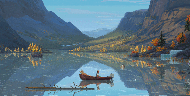 Ảnh động gameplay Cast n Chill người chơi lái thuyền cùng thú cưng trên hồ núi