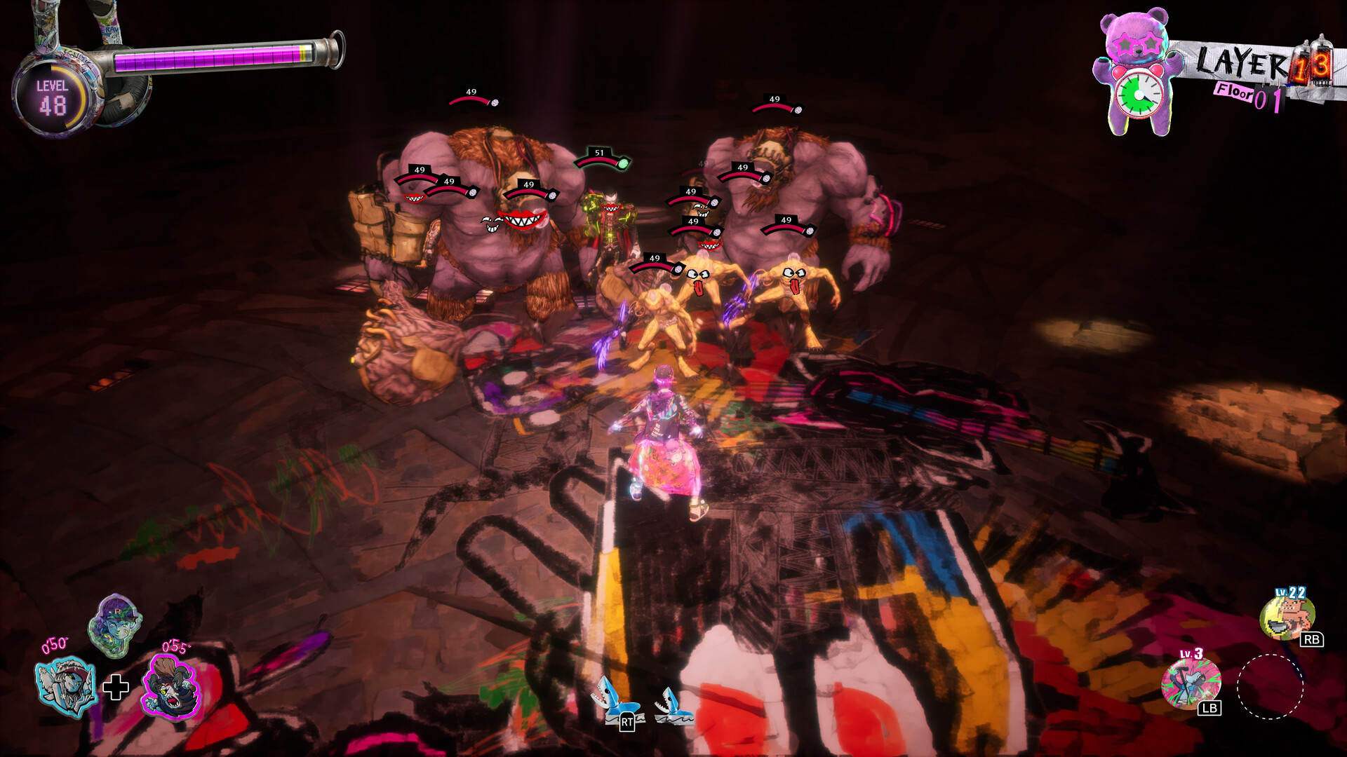 Stupid Never Dies screenshot showing a boss encounter in an ornate dungeon corridor