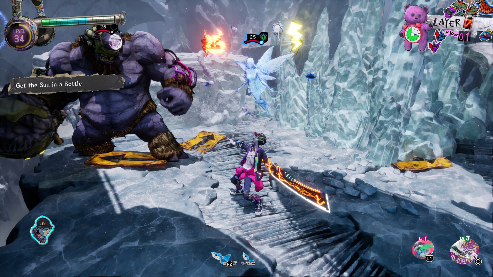 Stupid Never Dies gameplay screenshot showing Davy fighting an Overtech brute on an icy dungeon floor