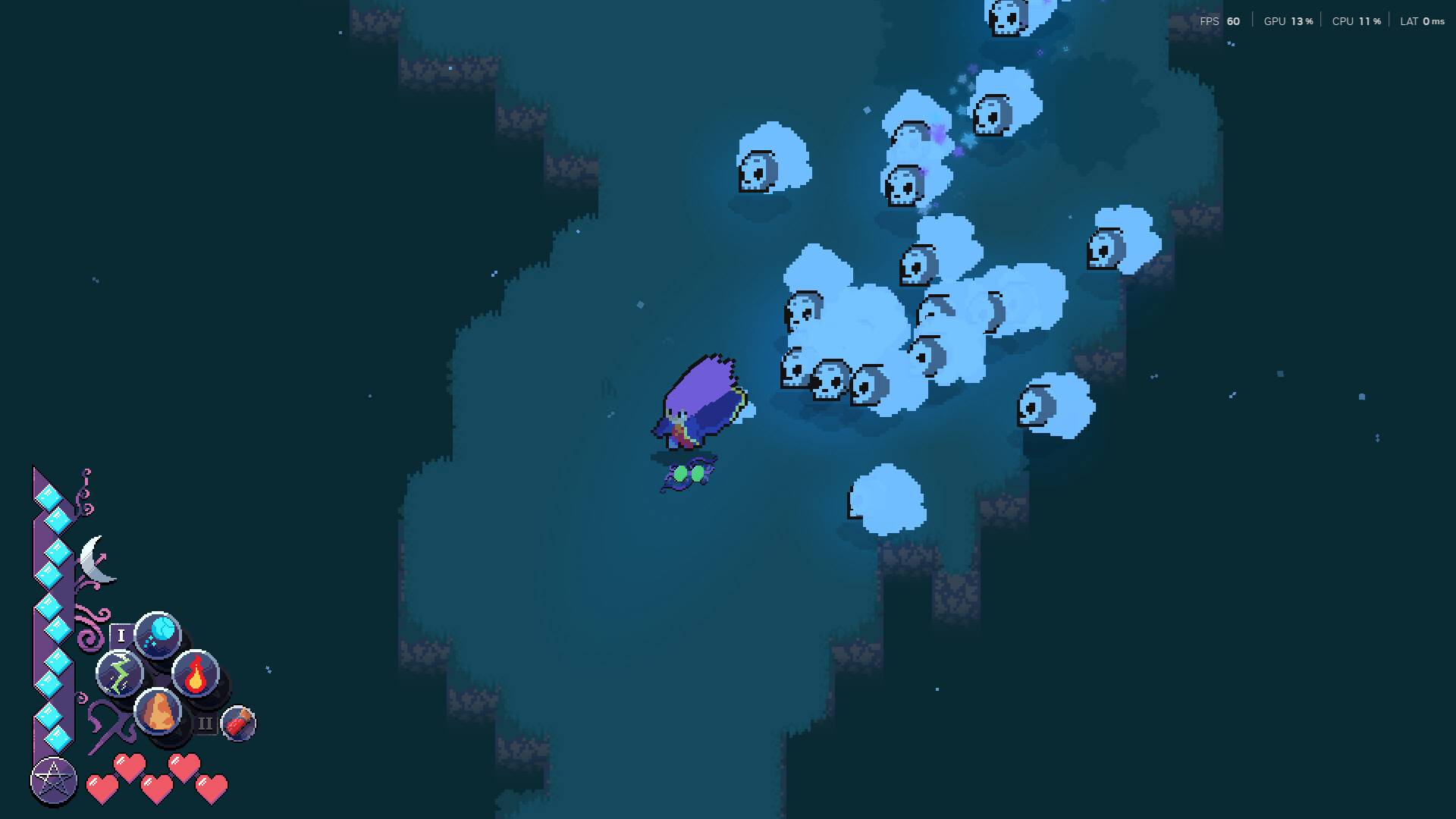 Official Magical Blush screenshot: swarm of cloud-wrapped skull enemies closing in on Arnin (Steam)