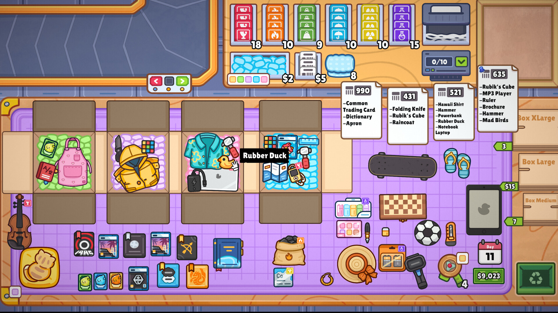 A busy screenshot from Ship, Inc. shows four open boxes, several items to be shipped, and four packing slips.
