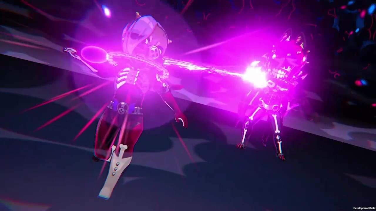 骨と機械が融合した2体のキャラクターが、紫色のエネルギーに貫かれる戦闘演出のシーン