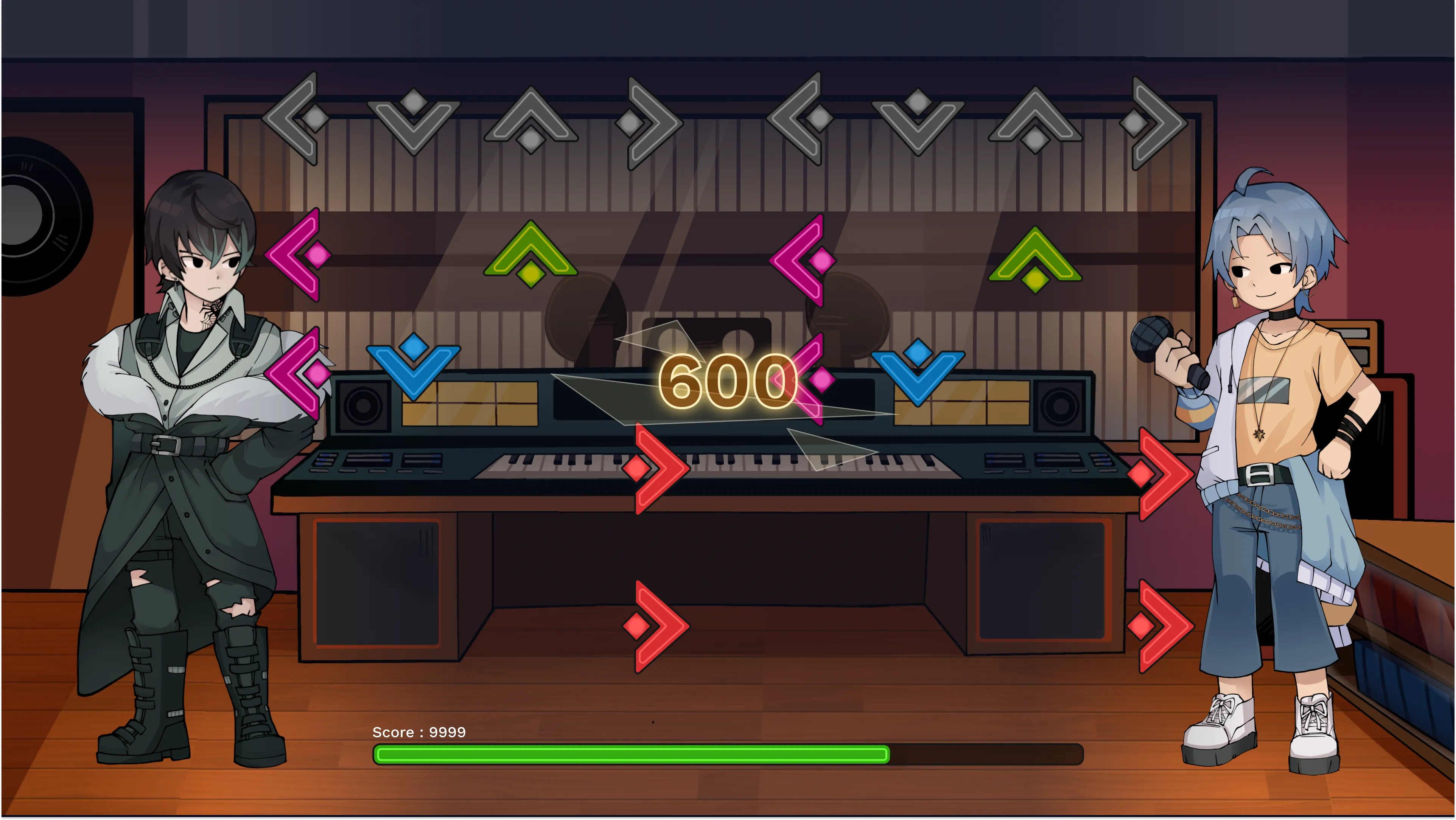 Mirror your partner's moves in rhythm minigames!