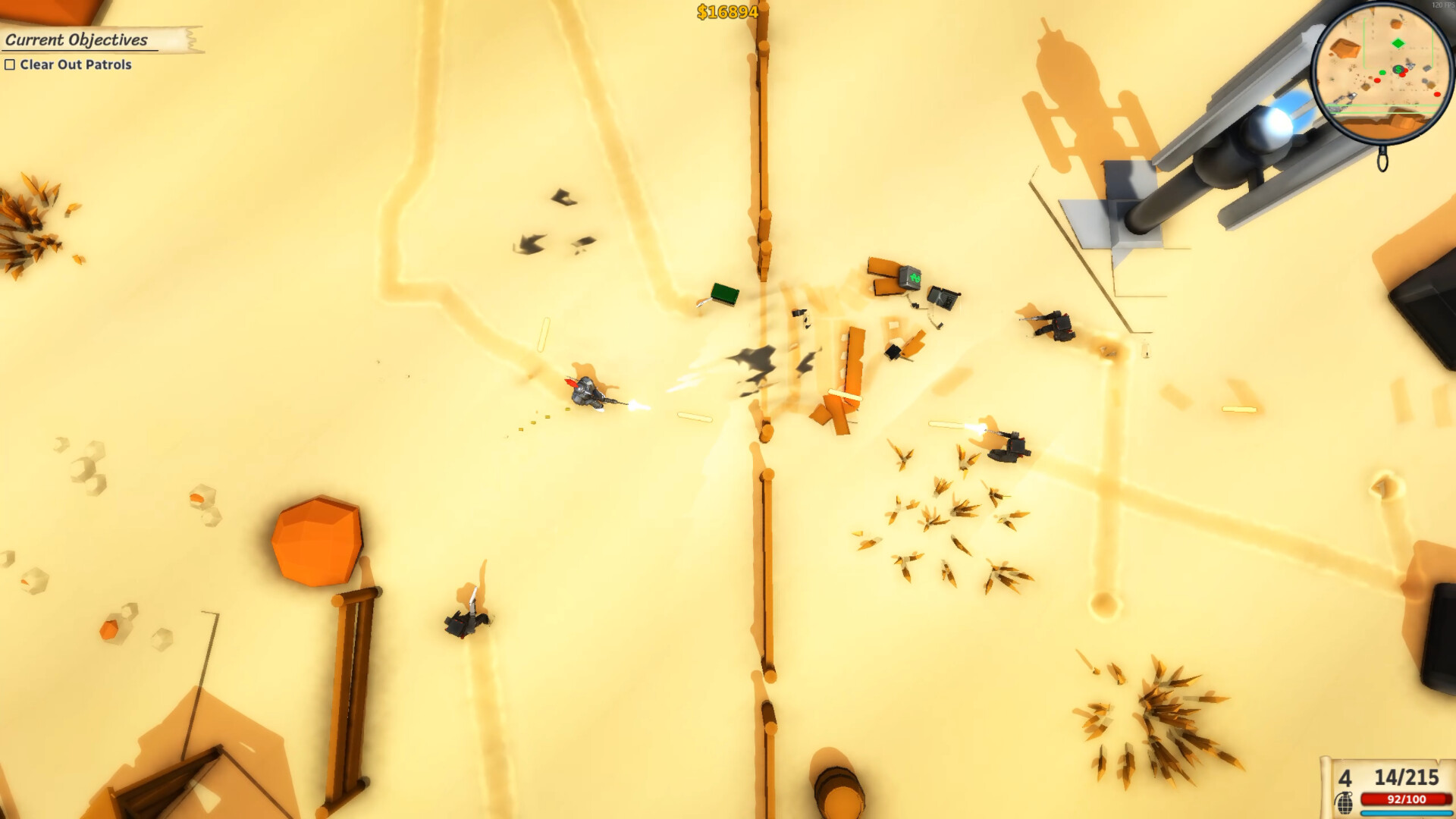 Top-down view of a desert-like terrain with characters engaged in firefight, including a knight with a red plume helmet.