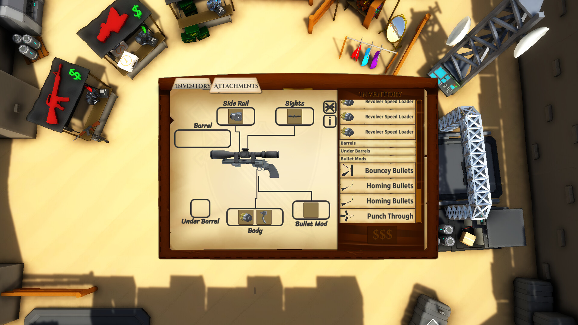 Game interface showing revolver with various attachment options and inventory list including special bullets.