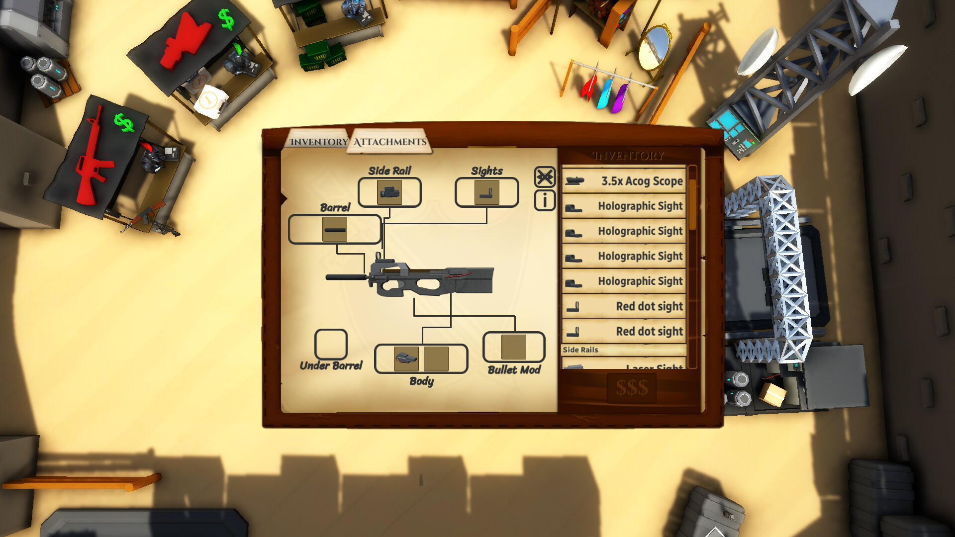 Weapon customization menu showing rifle schematic with attachment points and list of available attachments.