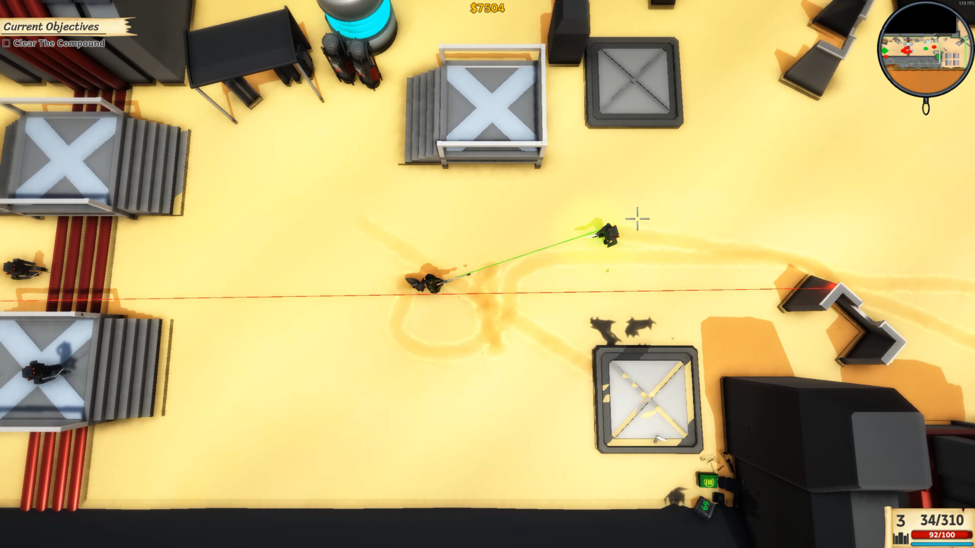 Top-down view of a character in light blue outfit firing weapon with orange muzzle flashes surrounded by enemies in dark uniforms.