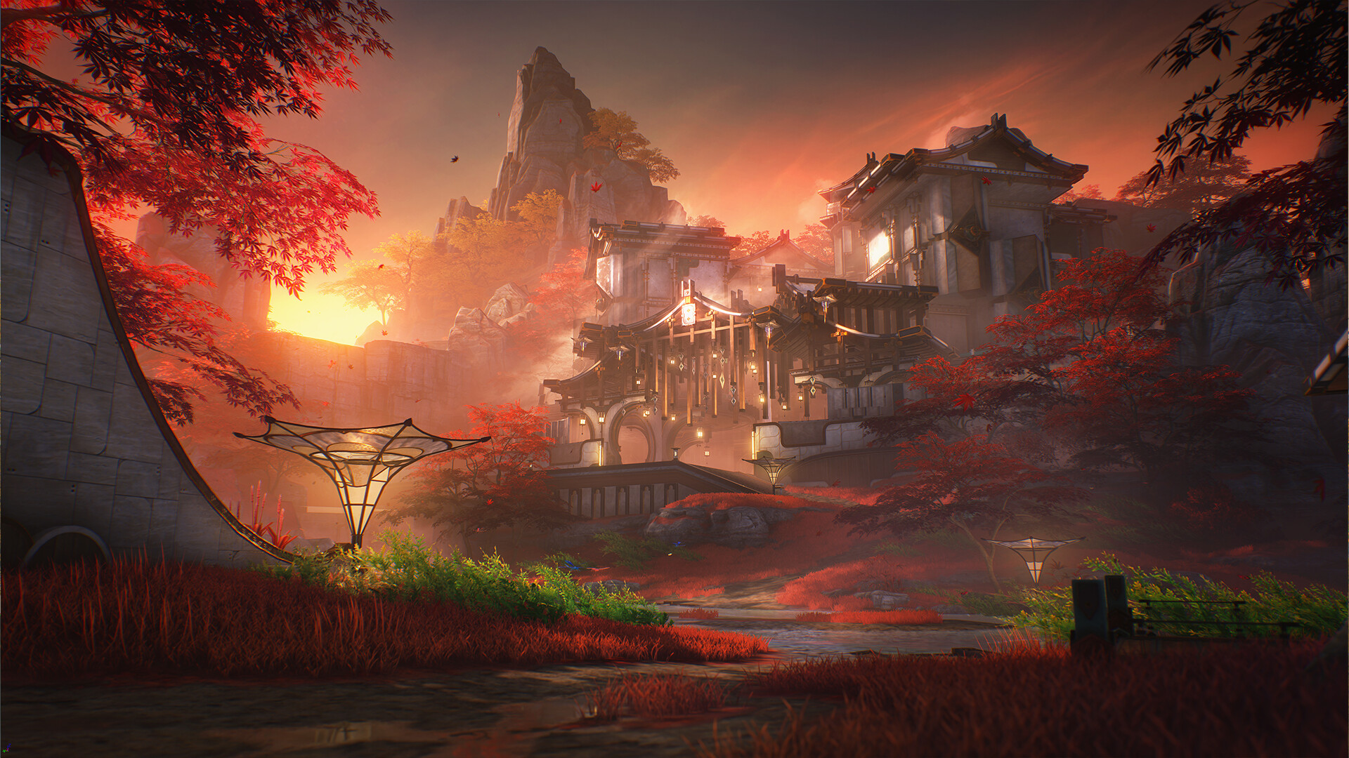 Sunset lights a traditional pagoda settlement surrounded by red maple trees