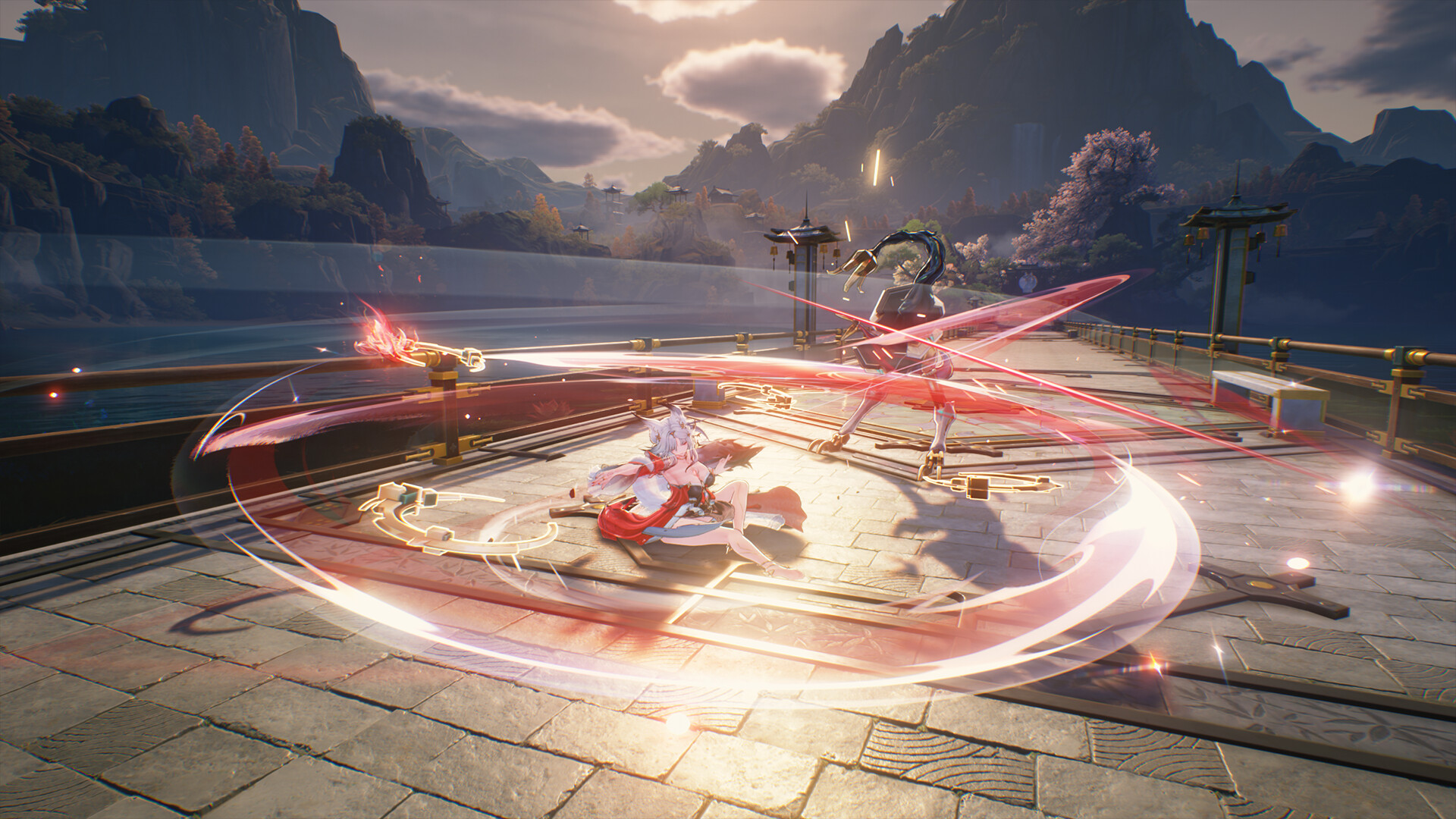 A Resonator clashes with an enemy amid a burst of red sword energy on a stone platform