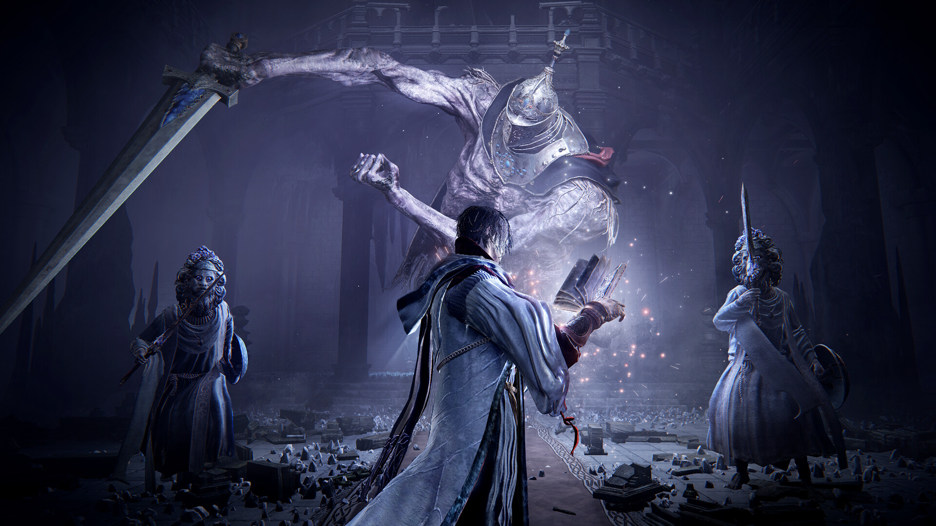 Scholar opens his tome against a towering foe in The Forsaken Hollows. Image: FromSoftware / Bandai Namco Entertainment.