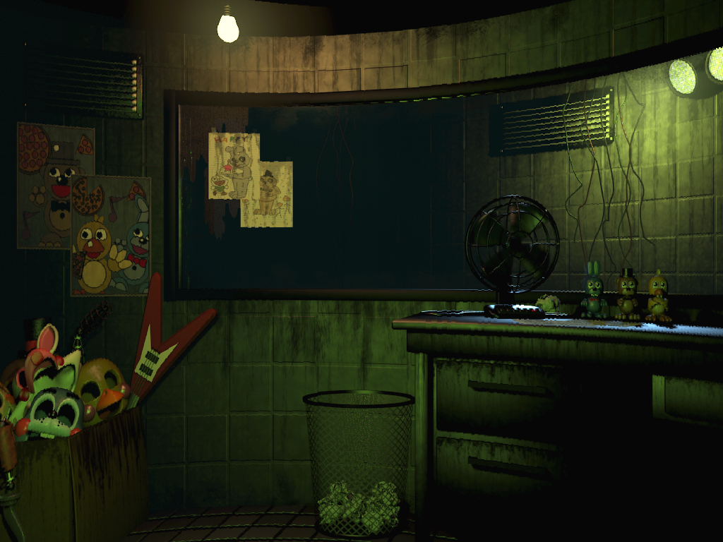 Screenshot oficial de Five Nights at Freddy’s 3 com a sala de vigilância e o clima de atração Fazbear's Fright