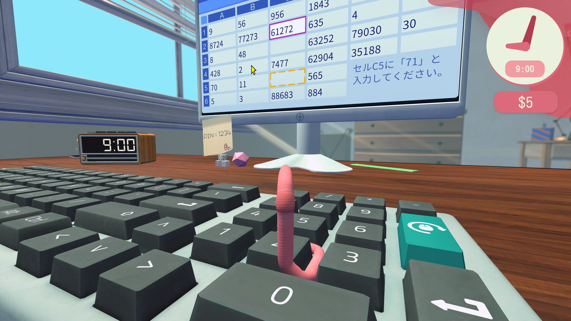 『Worming from Home』のゲーム画面|デスクの上を這うミミズ