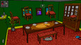 A dining room with pixelated, retro graphics. There are chairs floating in the air.