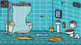 A bathroom with pixelated, retro graphics.