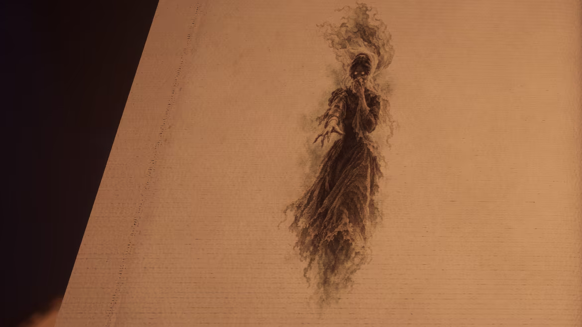 Close on a page of an old field guide: an ink plate of a weeping, veiled ghost, warm in the lamplight.