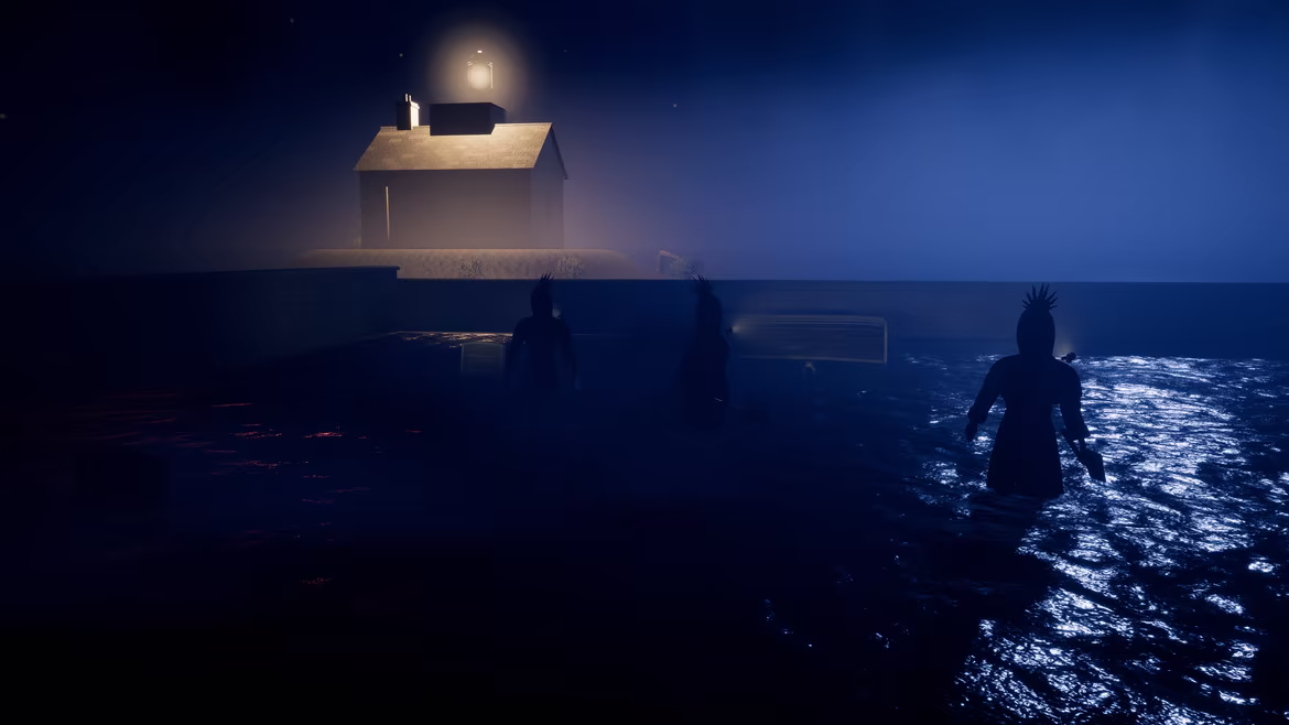 In blue sea fog, three crewmates wade through the rising tide towards a lamplit cottage on the shore.