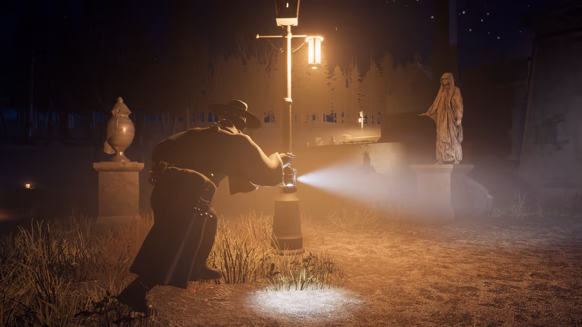 A Warden in a wide-brimmed hat lunges across a lamplit cemetery yard at night, the white beam of his lantern stabbing ahead between the statues.