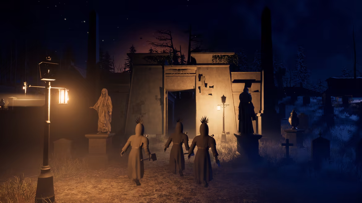 At Holloway Necropolis, three crewmates with shovels walk up the path to the Egyptian Avenue's great stone gate, between a veiled statue and a lit lamp post, with an obelisk rising on either side.