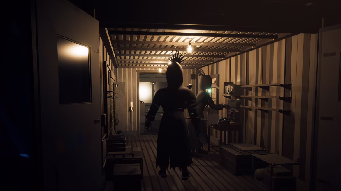 Inside the crew's van under bare bulbs: one crewmate walks in while another, lens glowing verdigris, reaches across the ledger desk beside the kit rack.