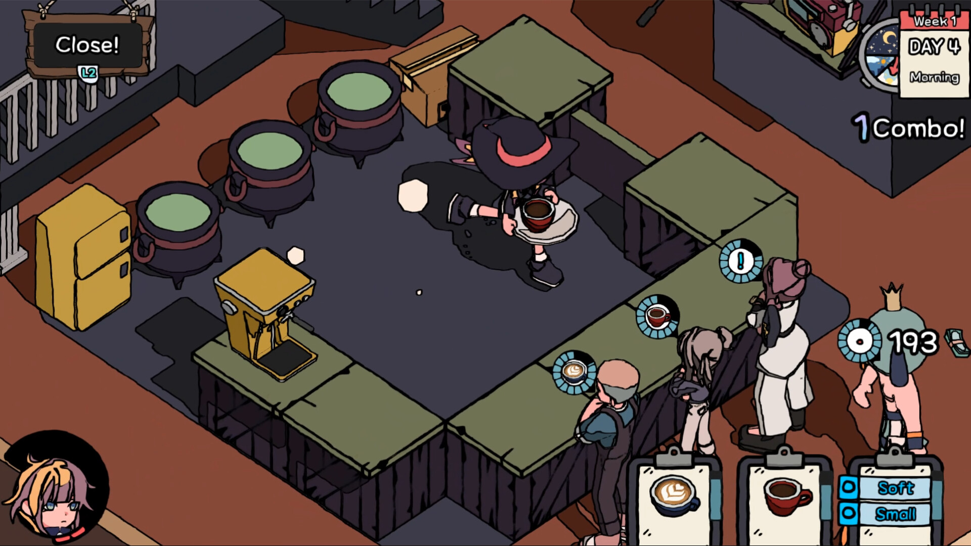 HIPS N NOSES gameplay showing Mela serving a customer in the café
