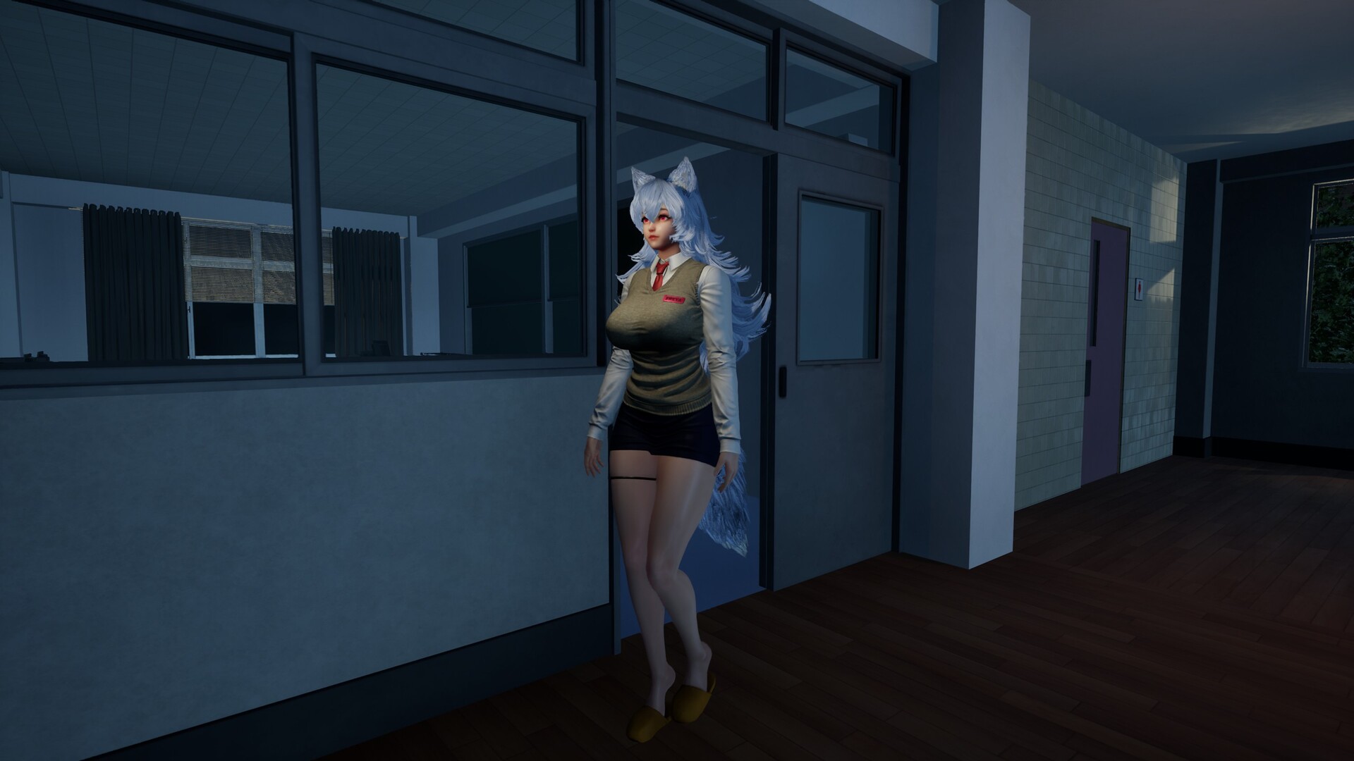 The image depicts a female character with long, flowing white hair, fox-like ears, and a matching tail standing in a dimly lit hallway. She is dressed in a light-colored long-sleeve shirt with a beige sleeveless sweater over it, a red tie, and short black shorts, along with yellow slippers. The hallway features dark wooden flooring, a window covered with curtains, and a door behind her, suggesting an indoor setting, possibly a school or office building at night.