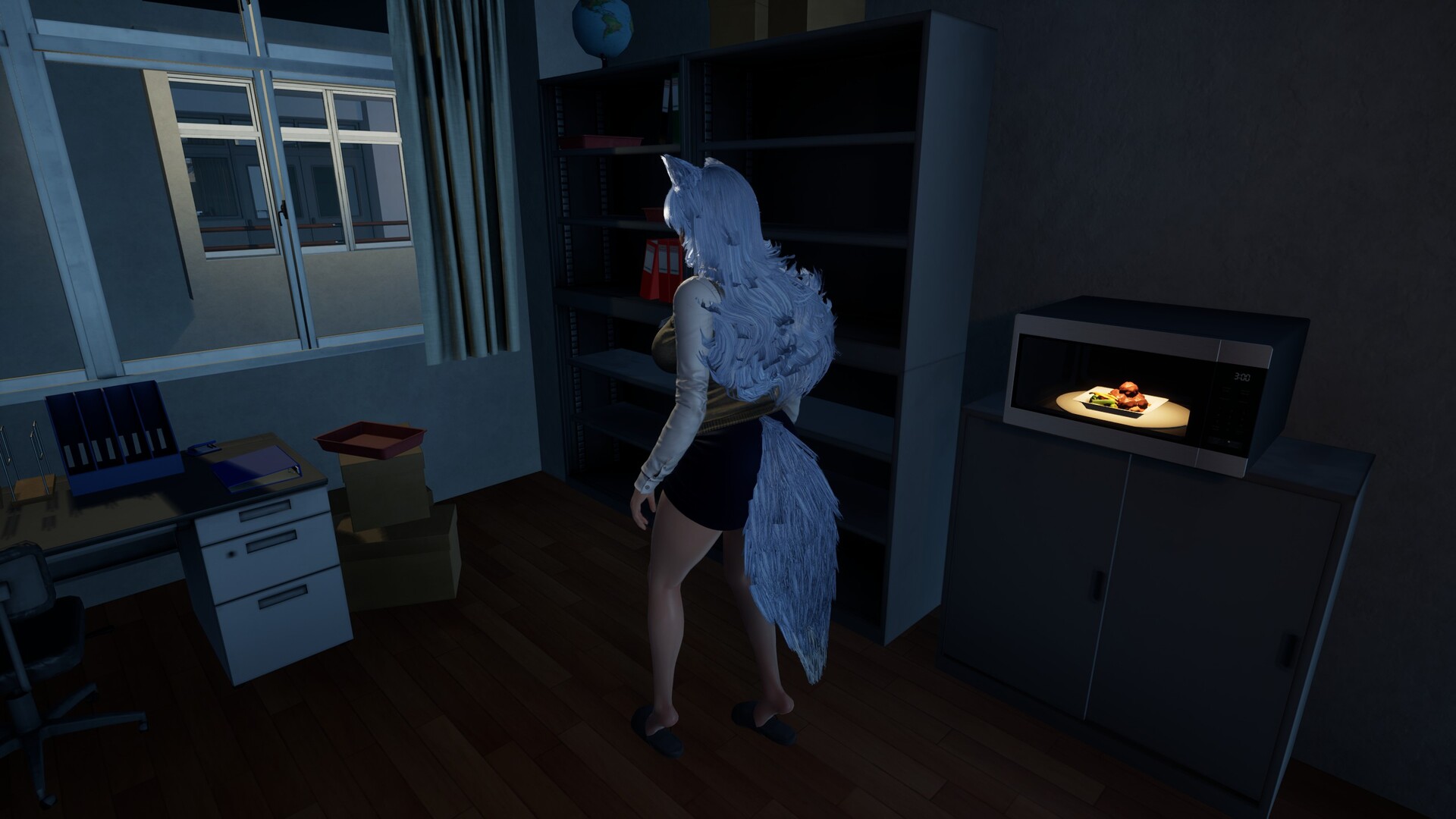 The image shows a dimly lit room with wooden flooring, featuring a character with long, flowing white hair, fox-like ears, and a large, bushy tail, standing near a dark bookshelf. To the right, there is a microwave on top of a cabinet, with a brightly lit plate of food visible inside it. On the left side, a desk with organized file holders and a couple of stacked cardboard boxes is positioned under a window with curtains partially drawn.