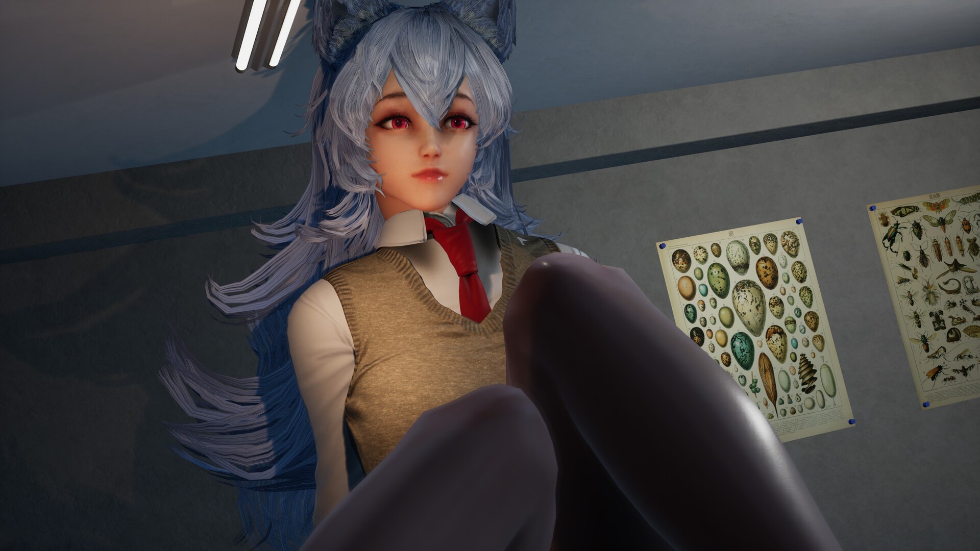 The image shows a close-up of a character with long, flowing silver hair and large animal-like ears on top of their head, suggesting a fantasy or anime style. The character has red eyes and a soft expression, wearing a beige sweater vest over a white shirt paired with a red tie. In the background, there are two scientific posters pinned to a gray wall, one depicting various eggs and the other showing different insects, indicating an educational or laboratory setting.