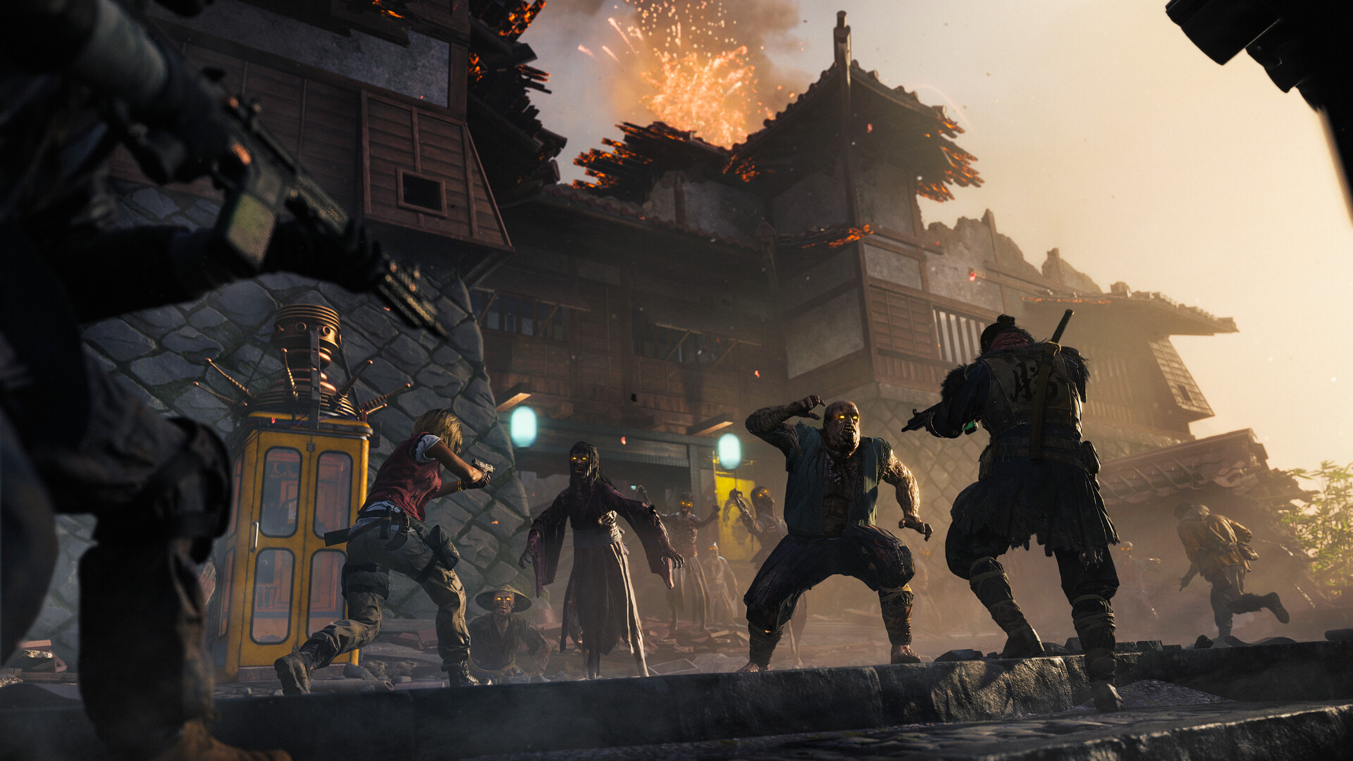 Zombies closing in on a squad in a burning village street