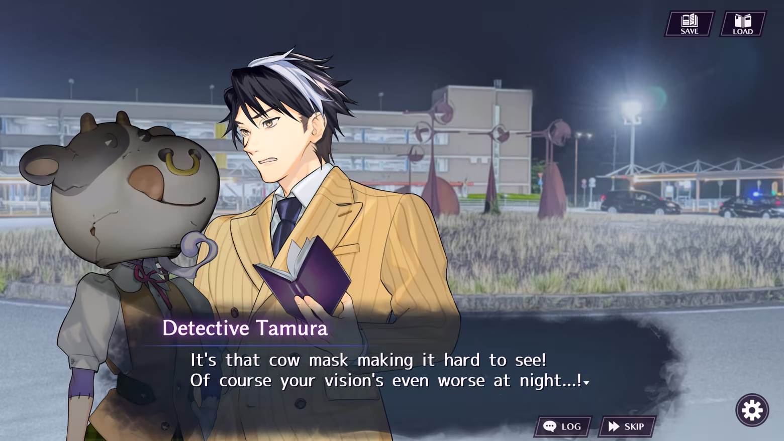 Detective Tamura talks to someone wearing a cow mask during a nighttime investigation.
