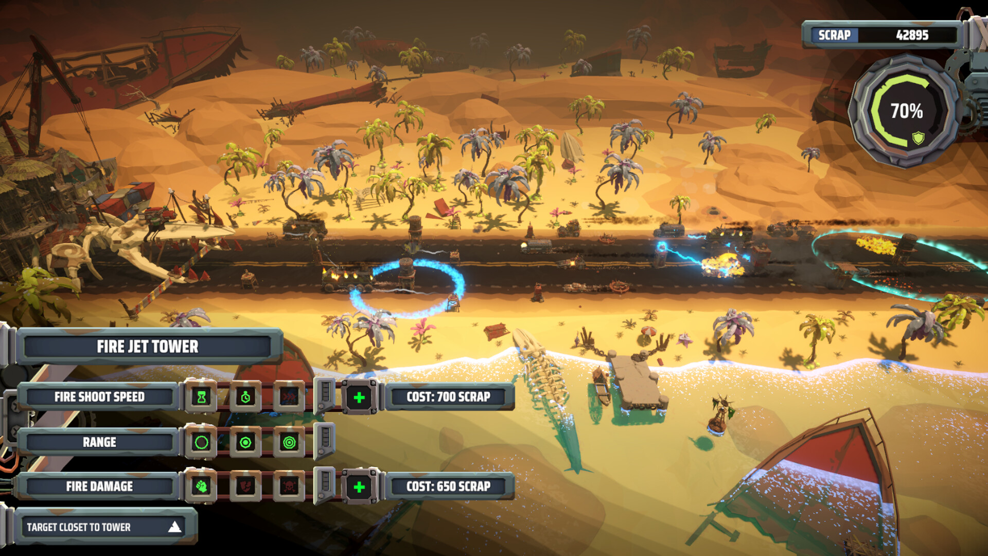 The image depicts a colorful, animated beachside battlefield scene from a video game. There is a sandy shore with scattered palm trees and various structures made from wood and scrap materials, including a large skeletal dinosaur head on the left. Across the middle of the scene runs a dark road or pathway with several fire jet towers emitting blue flames and electrical discharges, engaging in combat against small, fiery explosions. User interface elements on the screen show upgrade options for 'Fire Jet Tower,' including 'Fire Shoot Speed,' 'Range,' and 'Fire Damage,' with respective costs in scrap currency displayed. The top right corner indicates a scrap count of 42,895 and a circular gauge showing 70%.