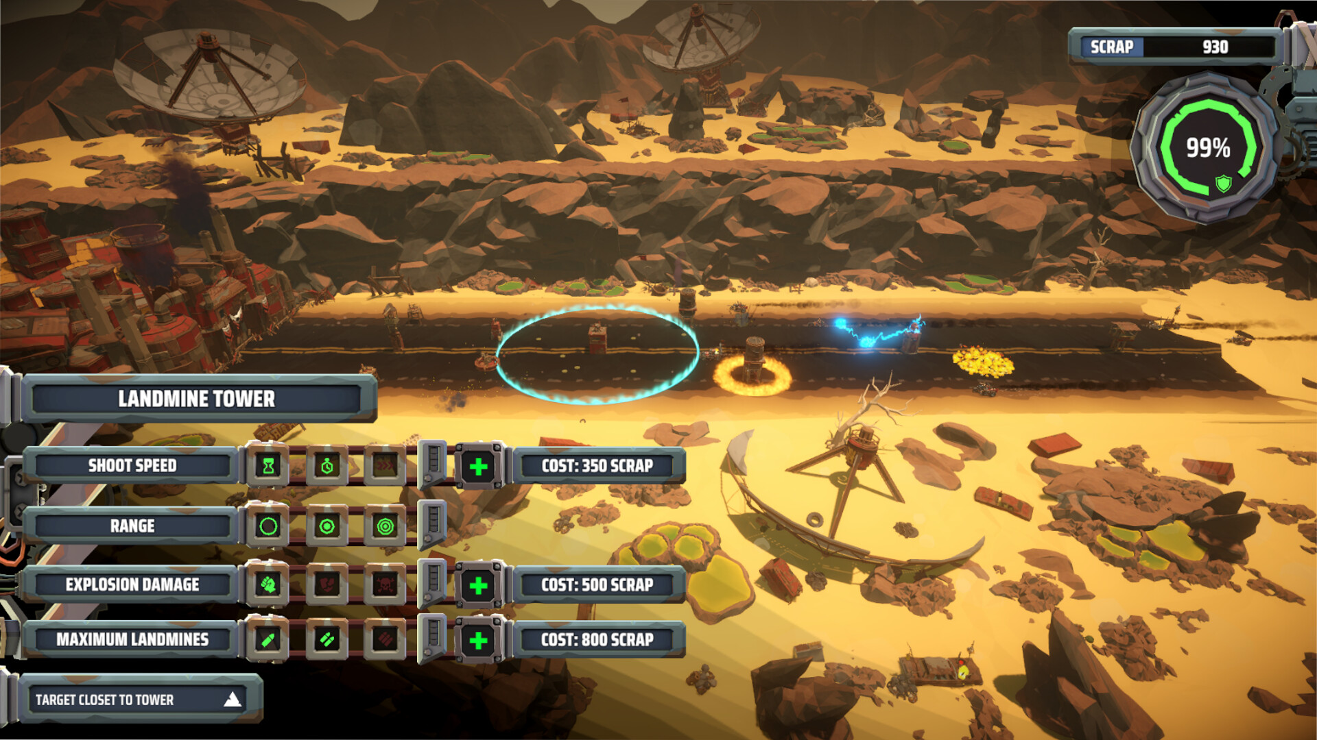 The image shows a scene from a desert-themed video game with a focus on a strategic defense setup along a cracked, black asphalt road. In the foreground, a user interface displays upgrade options for a 'Landmine Tower,' including shoot speed, range, explosion damage, and maximum landmines, each with associated costs in scrap currency. The landscape is rocky and sandy with scattered debris, large satellite dishes, and a shipwreck partially buried in sand. Small explosions and energy effects are visible on the road, indicating ongoing combat or activity. A circular health or status indicator in the top right corner shows 99%, and the player currently has 930 scrap available.