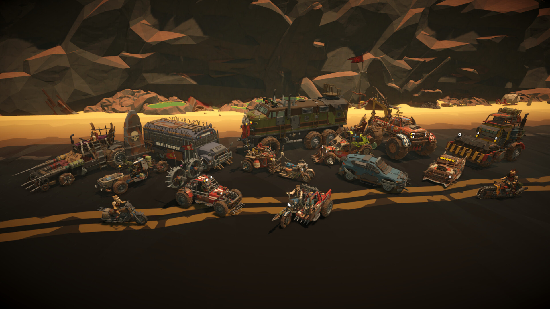 The image shows a collection of rugged, post-apocalyptic vehicles lined up on a dark, rocky terrain against a backdrop of jagged cliffs bathed in warm, yellowish light. These craft include various types of motorcycles, off-road trucks, and armored transport vehicles, all heavily modified with spikes, armor plating, weapons, and makeshift attachments. Some vehicles have visible riders dressed in scavenger-style attire, suggesting a wasteland or survival scenario, with the overall scene conveying a gritty, dystopian atmosphere.