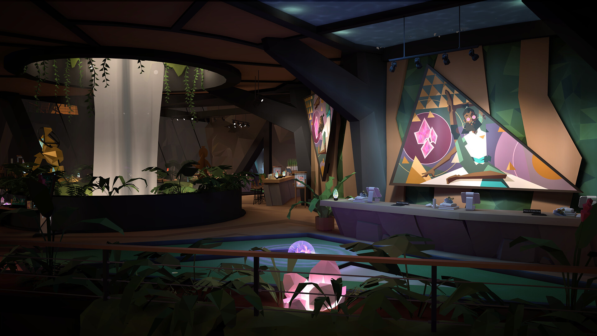 The dim, plant-filled interior lobby of the Crystal Lair course, with glowing pink crystals in a reflecting pool and geometric murals on the walls