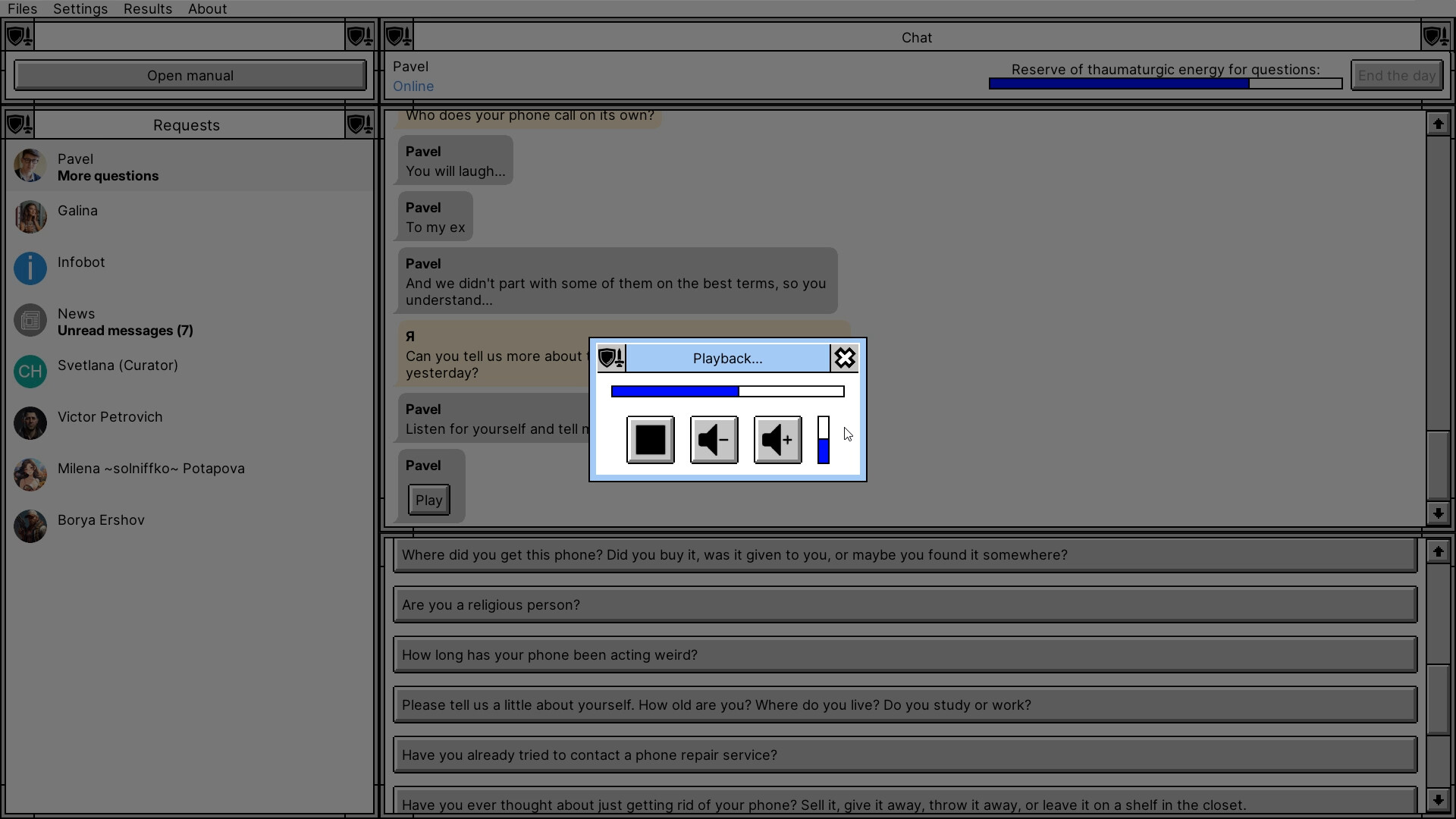 Official Creepy Support screenshot showing a branching narrative exchange