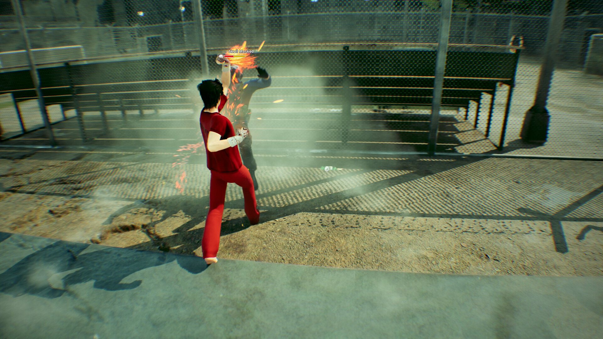 A fighter in a red tracksuit lands an uppercut on a masked enemy labelled Skull Masked, sending sparks flying, in a fenced outdoor court