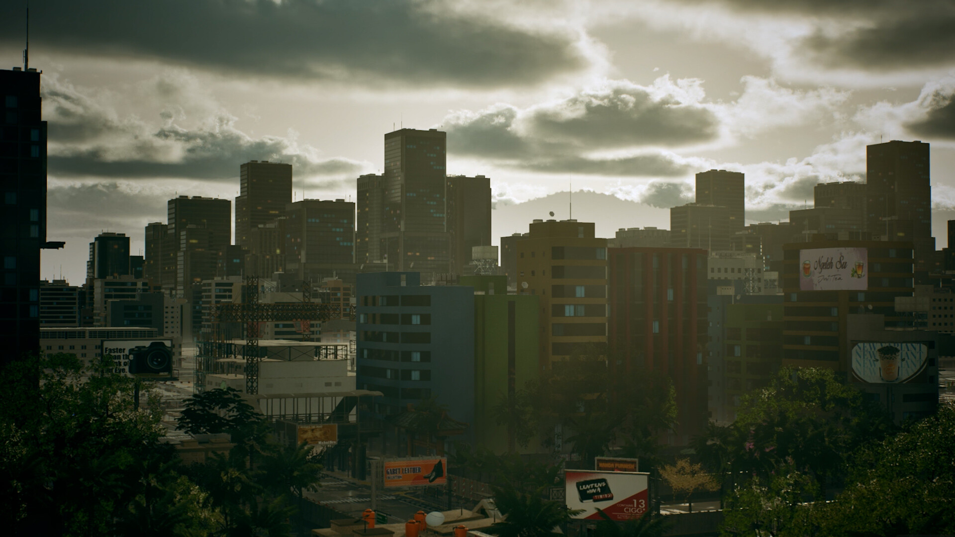 An overcast skyline of Jayakarta, with office towers behind colourful apartment blocks and roadside billboards