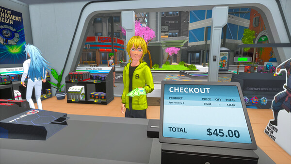Screenshot of Spin Blade Shop Simulator gameplay showing in-action mechanics