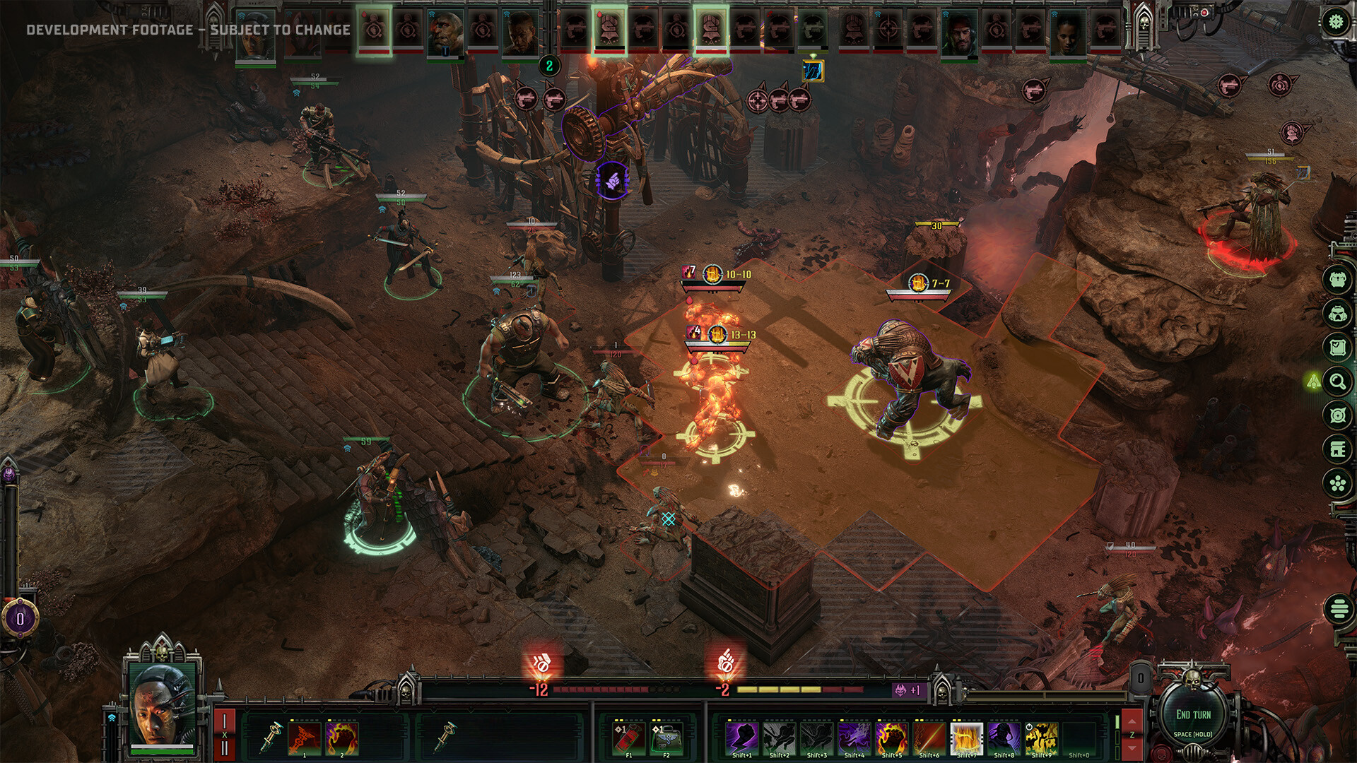 Warhammer 40,000: Dark Heresy development footage showing a turn-based squad engagement across a ruined excavation site