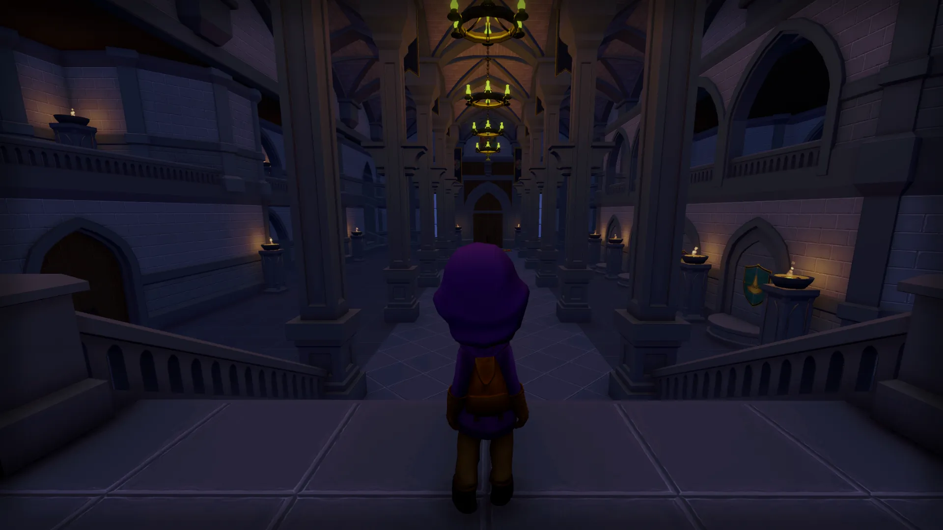 The player stands in a large grand entrance chamber, alone, ready for adventure