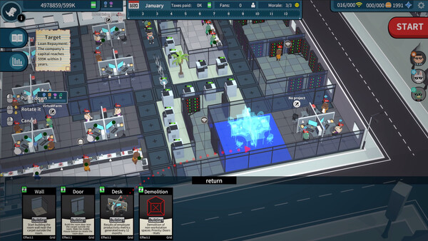 Screenshot of Overwork Empire gameplay showing in-action mechanics