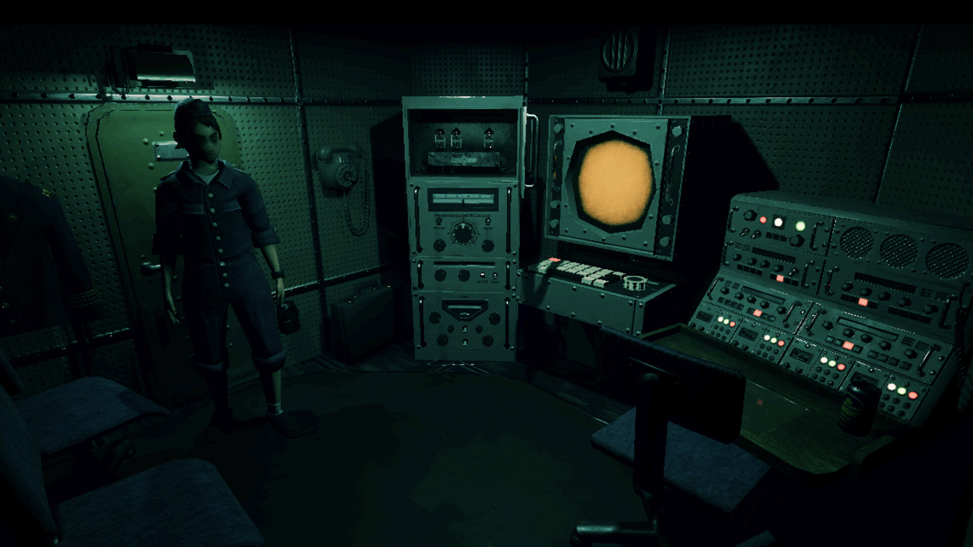 Heavy Metal Death Can gameplay showing a dark submarine corridor with PS1-style graphics