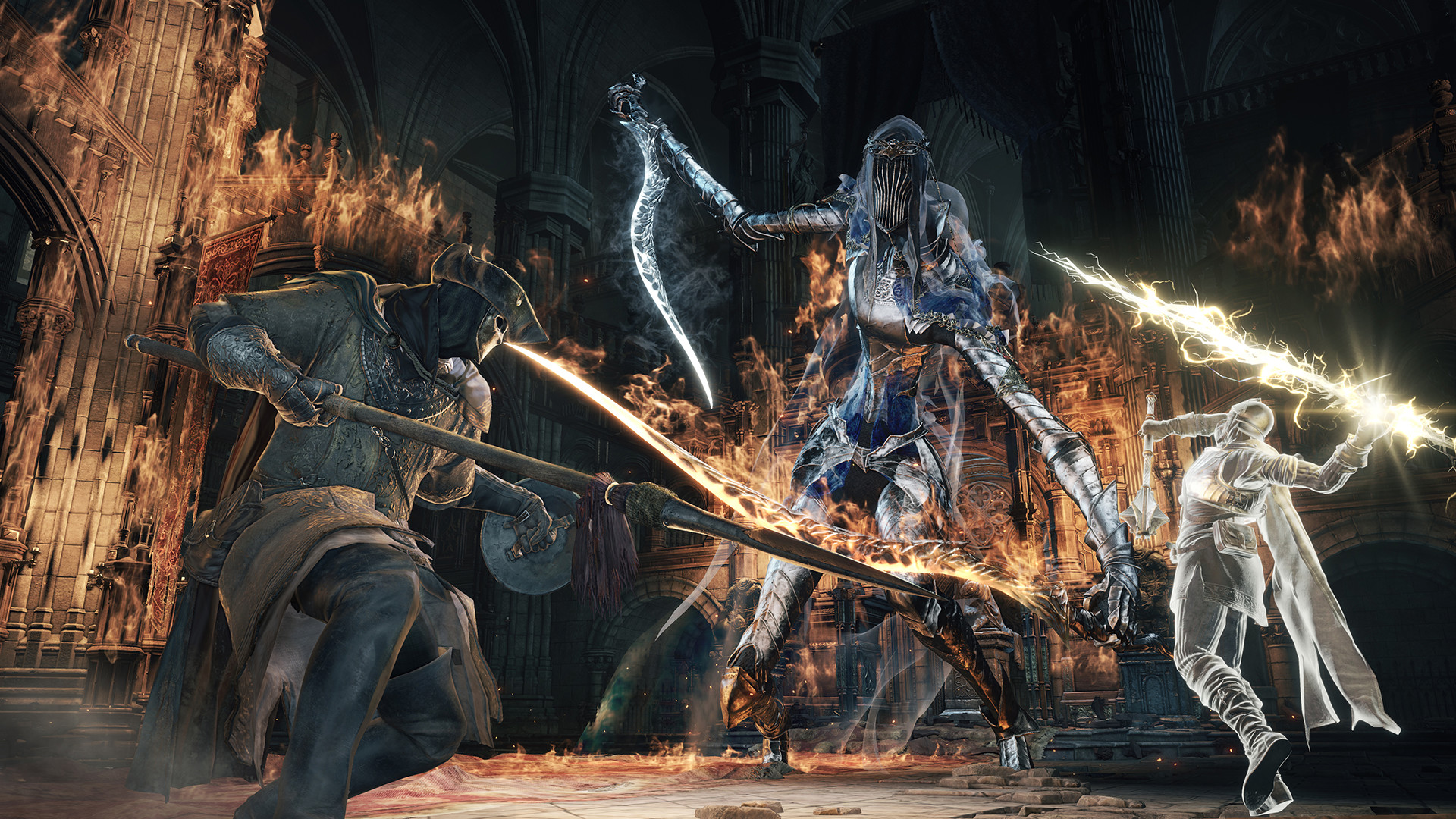 A knight facing a boss in the ruined world of Dark Souls III