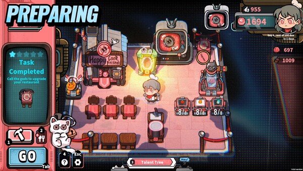 Screenshot of Life, the Universe, and Restaurants gameplay showing in-action mechanics