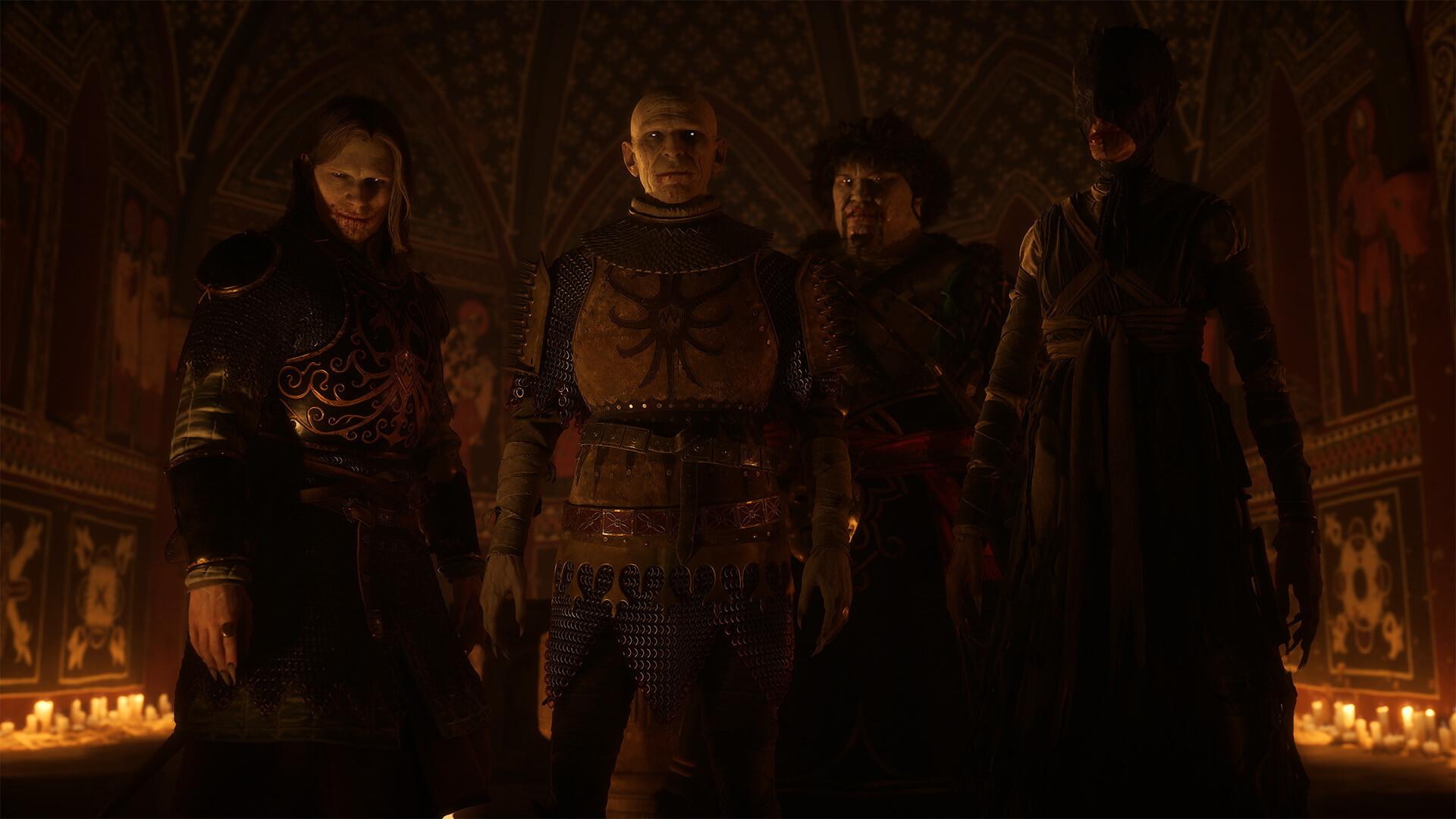 Brencis stands in a candlelit church flanked by three vampire vassals in The Blood of Dawnwalker