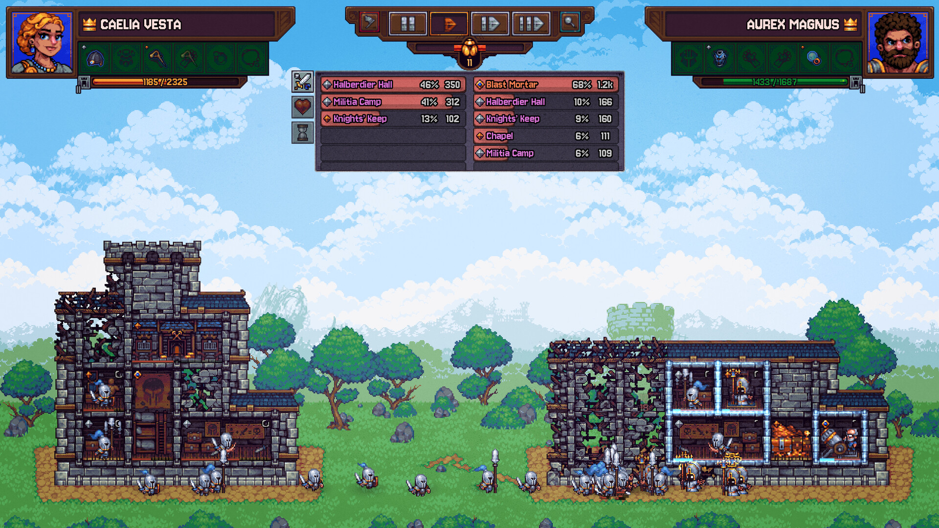 Two castles clash in an asynchronous PvP match, with the auto-battler log tracking which buildings and units swing the fight. Image: Sphere Studios.