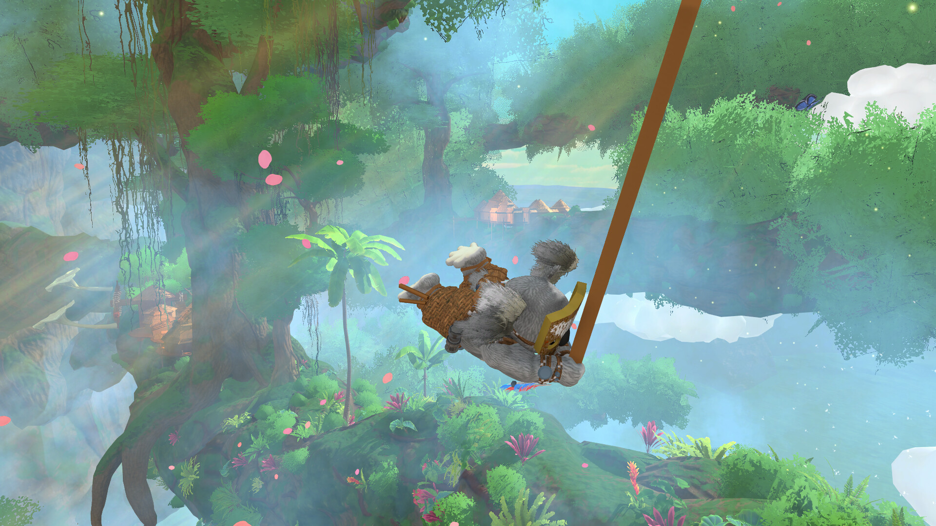 Koromi gameplay showing the grappling swing through a misty forest canopy