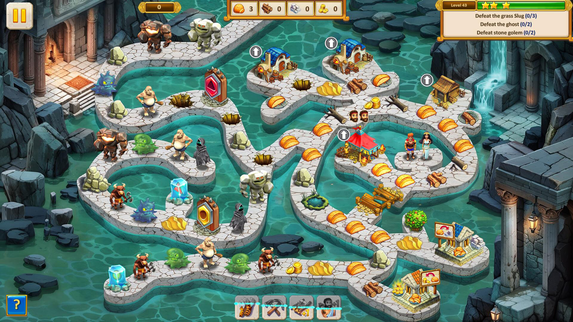 Overhead map with winding stone pathways and island platforms over teal-green water, rocky ruins, waterfall, houses, market stalls, piles of resources, hulking stone golems, green slugs, cloaked figures and villagers; UI with resource counters and objectives.