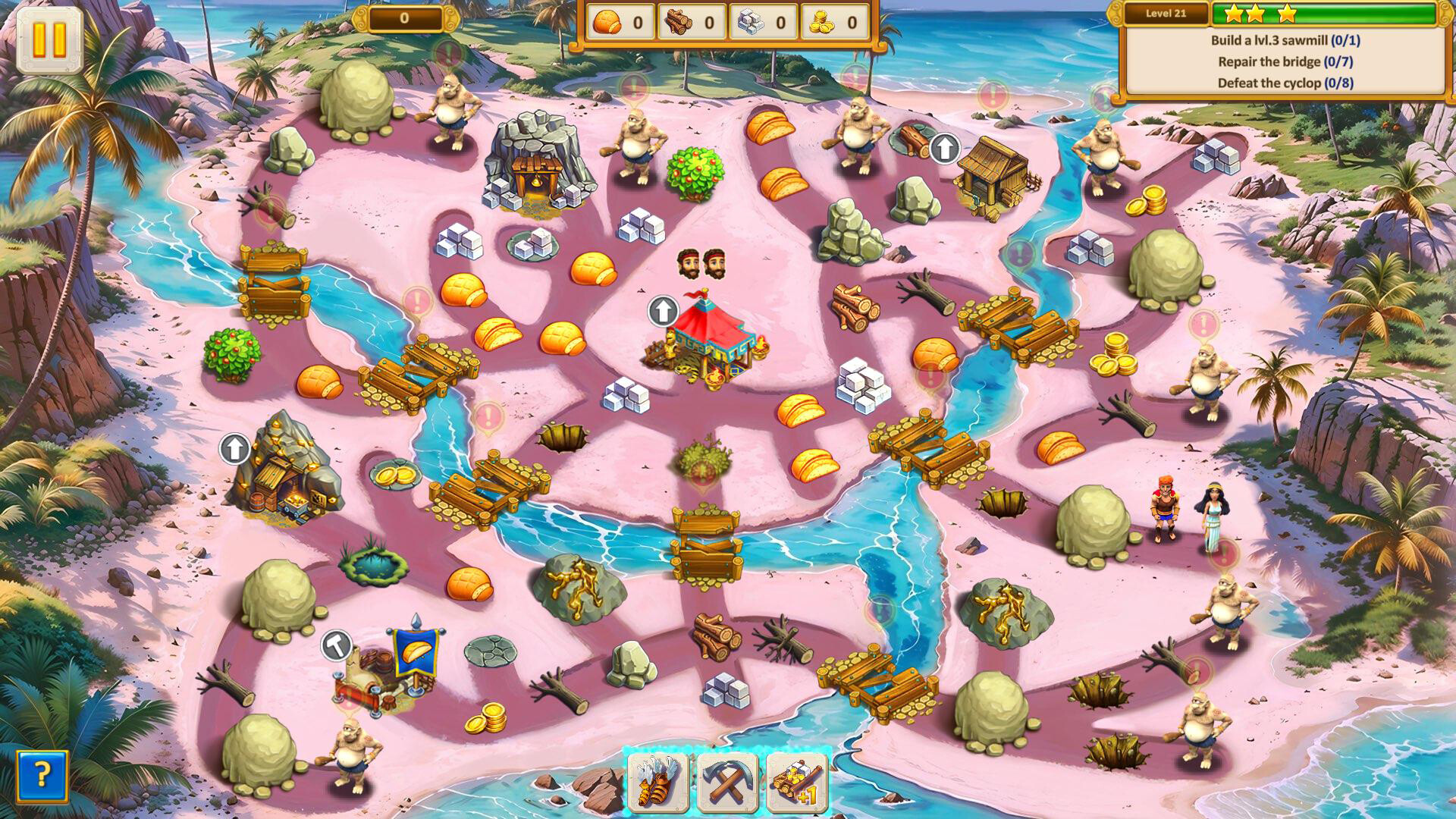 Bird’s-eye view of a colorful, stylized tropical island game map with pink sand, winding blue streams, wooden bridges, rocky outcrops, palm trees, game elements like piles of stone and wood, loaves of bread, gold coins, small buildings and a central tent; large humanoid characters holding clubs and two human characters near the right shore; a game interface with resource counters and objectives.