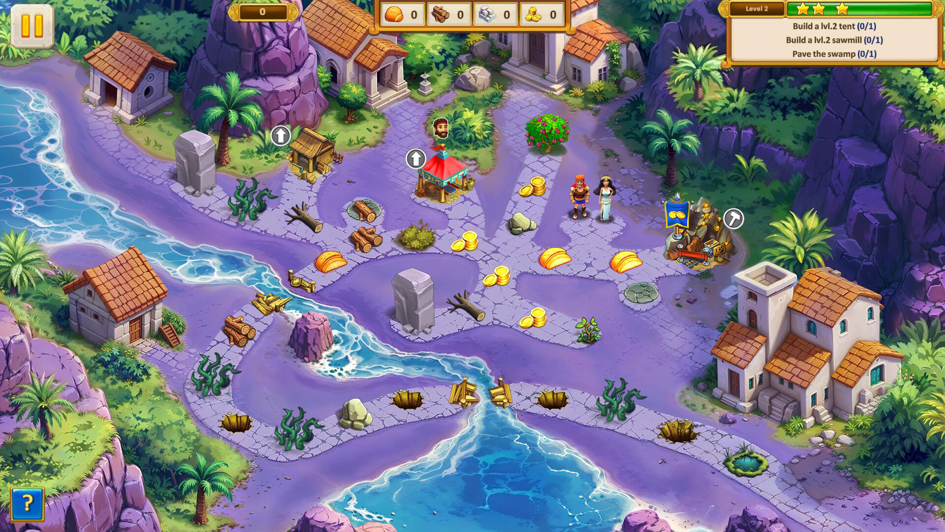 Cartoony overhead view of a coastal map with rocky shoreline, bright blue ocean, stone-paved paths, Mediterranean houses, palm trees, resource piles, broken bridges and a market tent; UI with resource counters and task list.